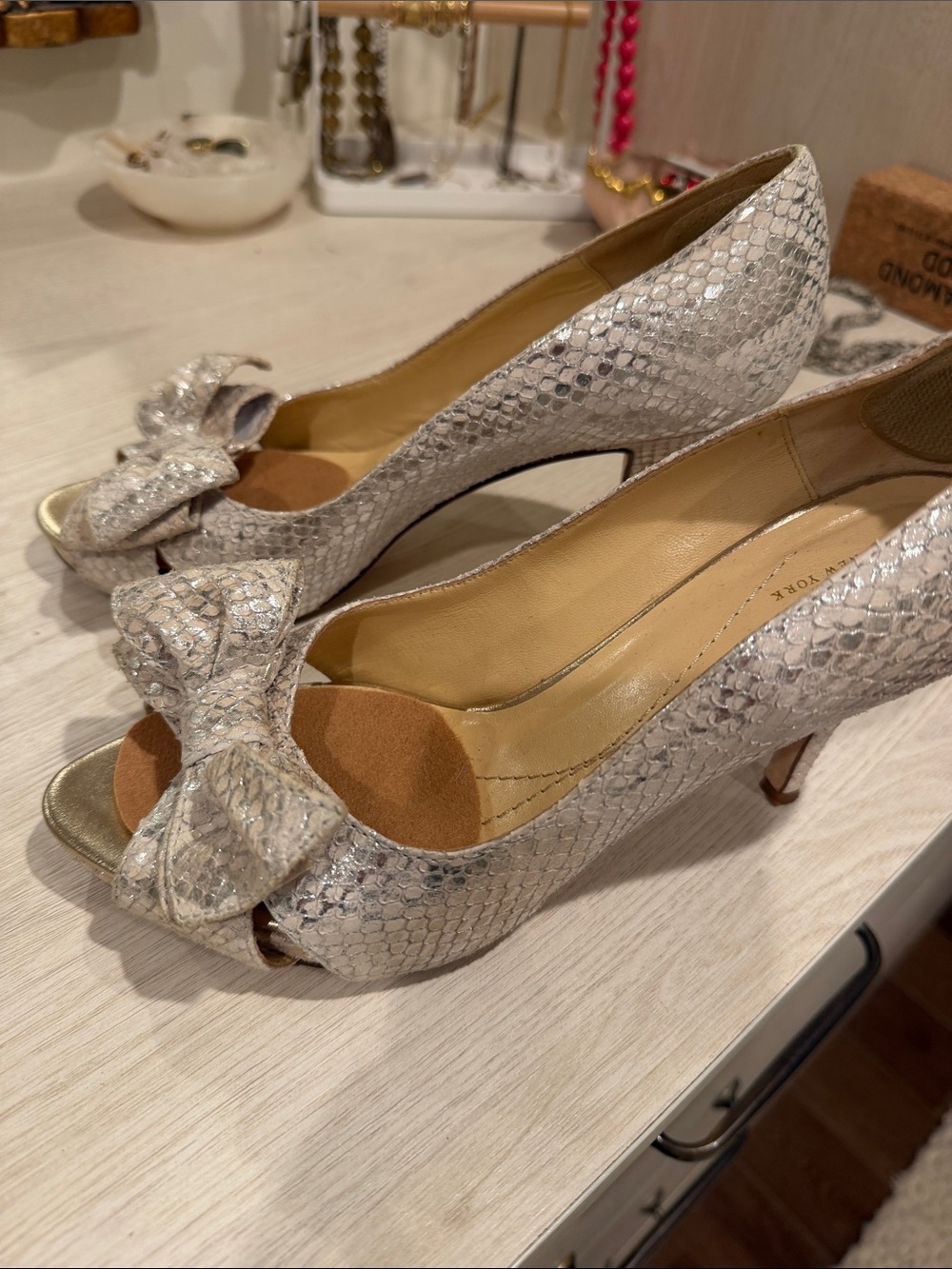 kate spade Cream Snake-Texture Peep Toe Heels with Bow Accent - Picture 3 of 5